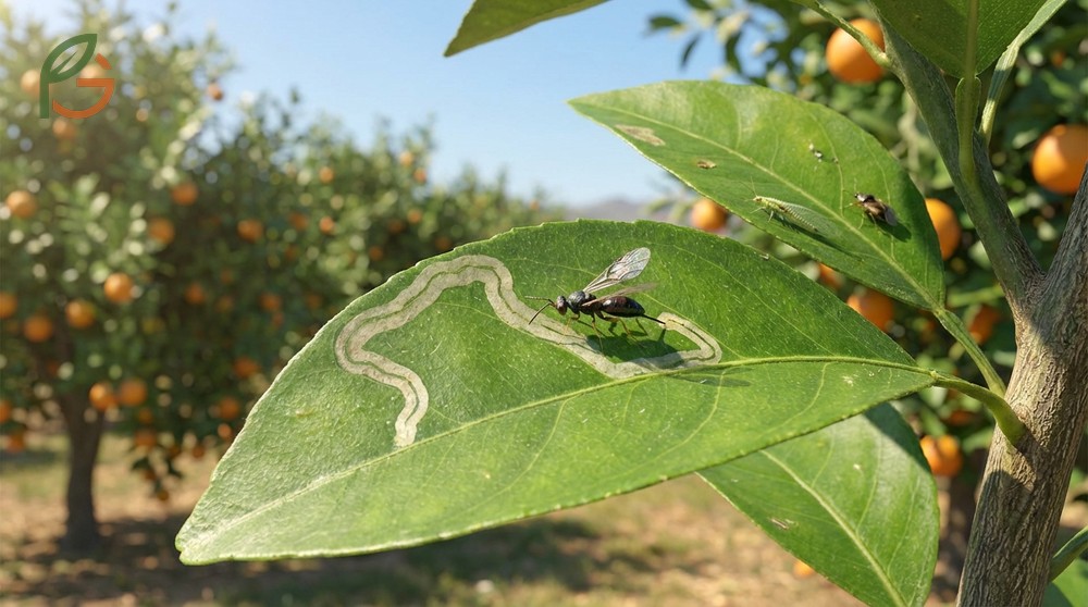 Organic leaf miner control using beneficial insects and pheromone traps to reduce pest populations.