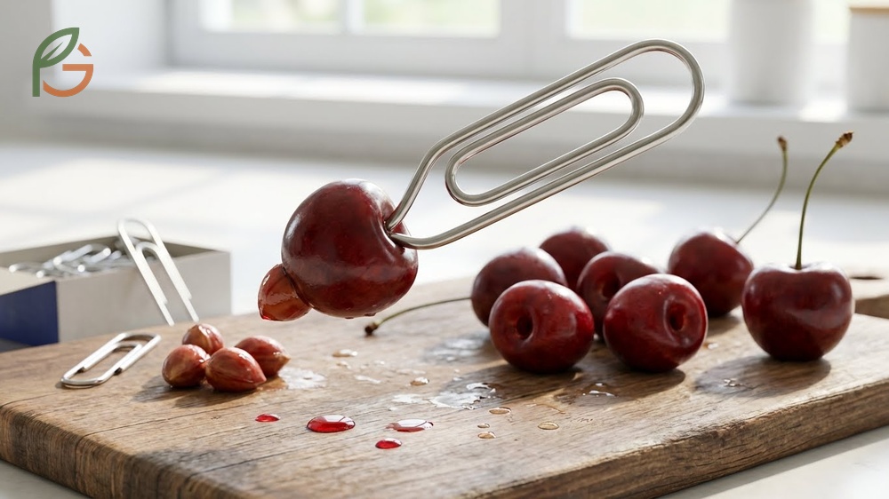 Using a bent paperclip to scoop the pit out of a fresh cherry while keeping the fruit intact.
