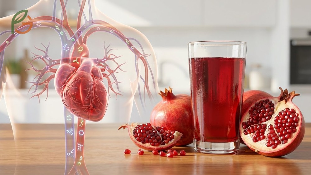 Benefits of pomegranate juice including reduced arterial thickness and anti-inflammatory effects on blood vessels.