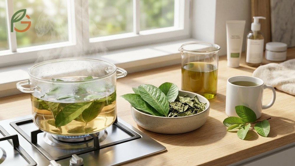 Guava leaf tea hair preparation requires boiling 15 to 25 leaves in water to create a potent rinse rich in quercetin.