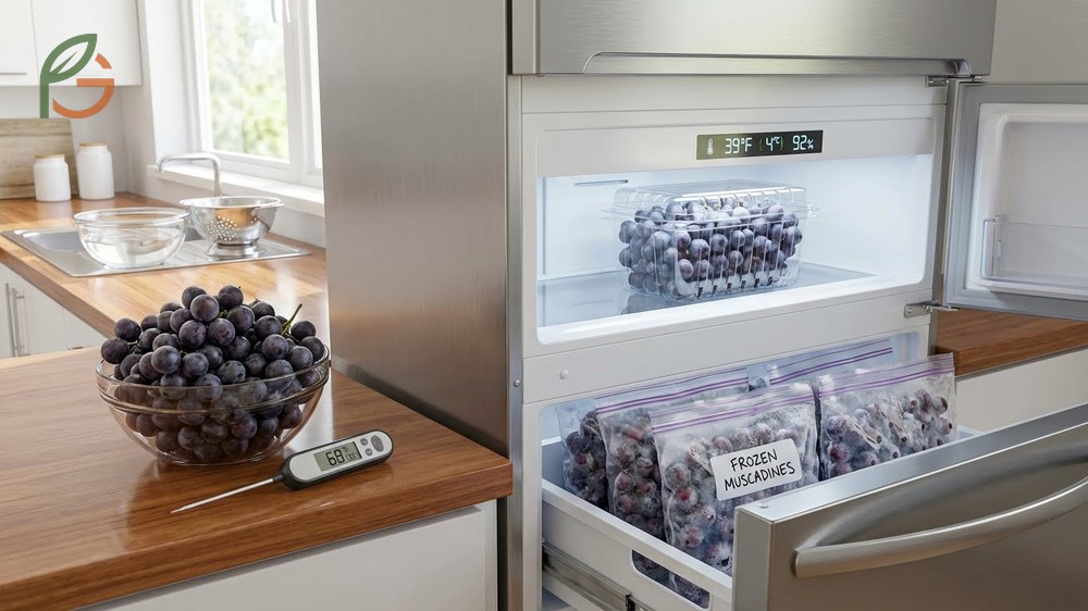 Storing and freezing muscadine grapes at 39 degrees Fahrenheit maintains quality for up to 28 days.