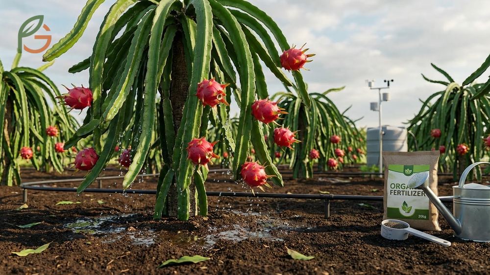 Watering and fertilizing dragon fruit with balanced NPK nutrients to boost growth during the active summer season.