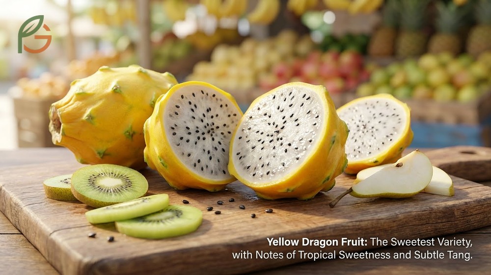Yellow dragon fruit taste description featuring intense lychee like sweetness and a soft juicy texture without acidity.