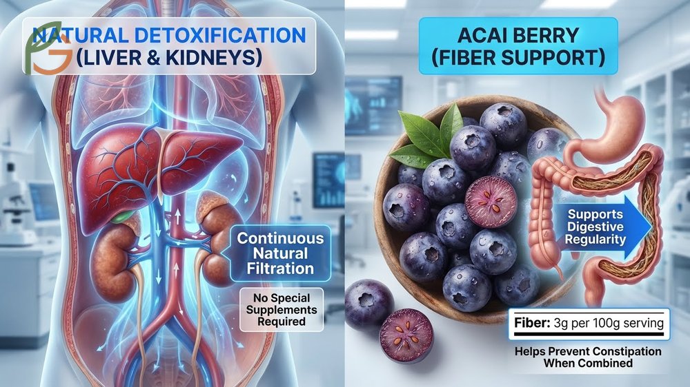 Acai detox benefits clarified as digestive support from 3 grams of fiber per serving rather than magical cleansing.