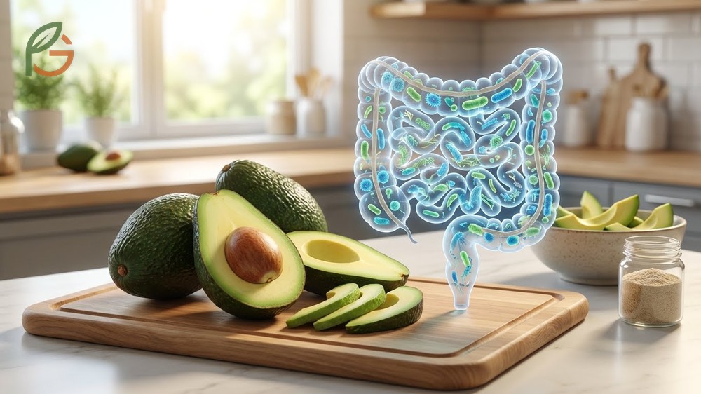Avocado ibs diet benefits illustrating 4g of dietary fiber and healthy fats for gut microbiome diversity.