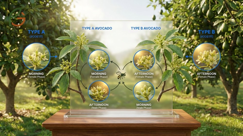 Diagram illustrating avocado pollination Type A and Type B flower opening patterns for cross-pollination.