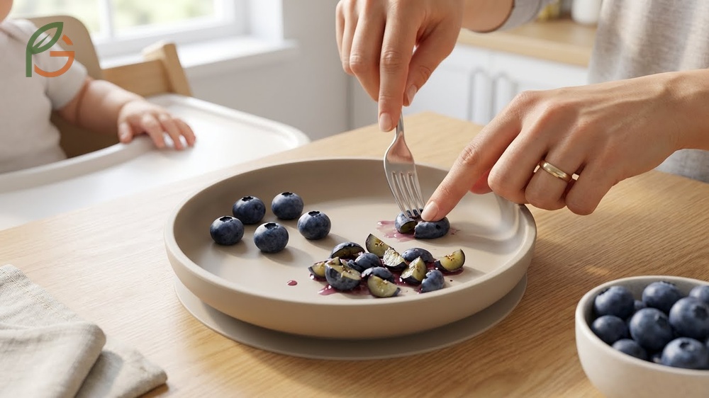 Baby led weaning blueberries prepared by smashing or quartering berries to prevent choking for 6 to 9 month olds.