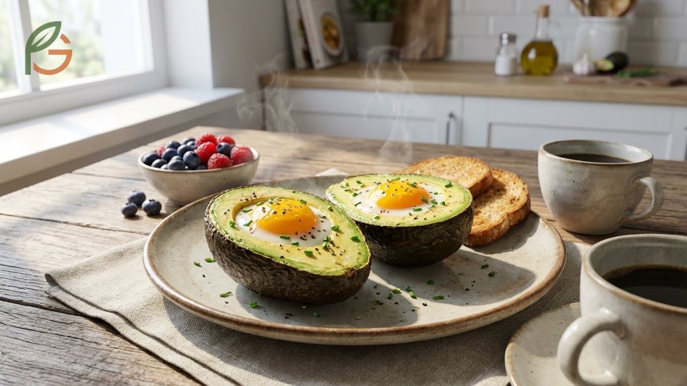 Baked avocado with egg nutrition profile featuring 240 calories and 22g of monounsaturated fats.