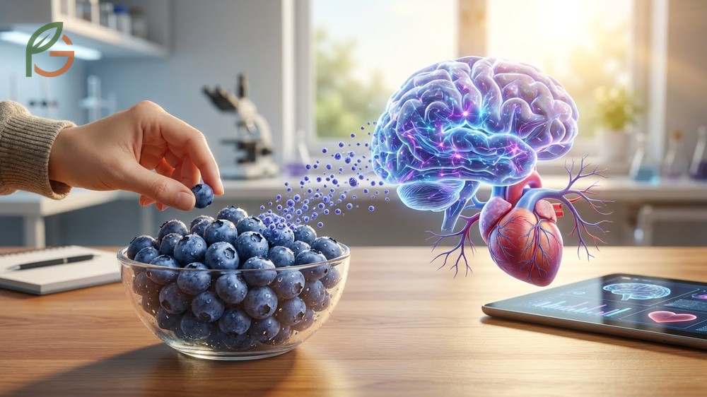 Benefits of wild blueberries include improved cognitive function and heart health through concentrated anthocyanins.