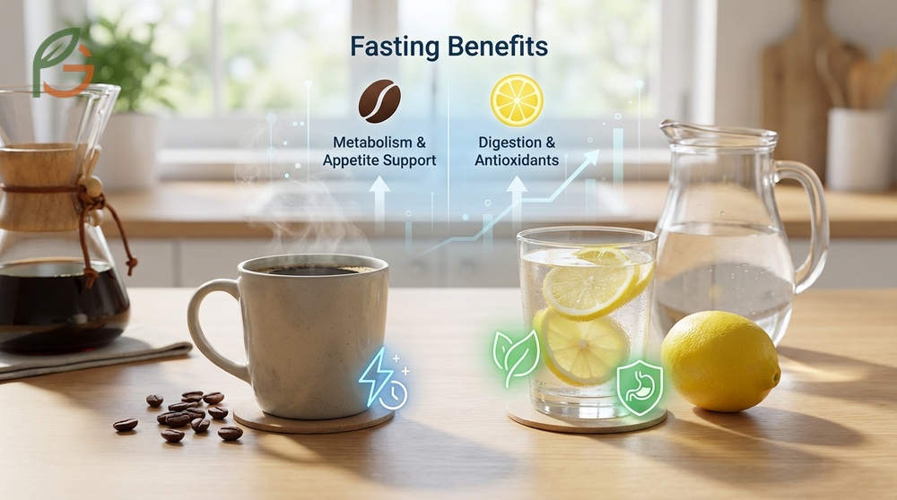 Black coffee vs lemon water fasting benefits including appetite suppression and 15mg of potassium for hydration.