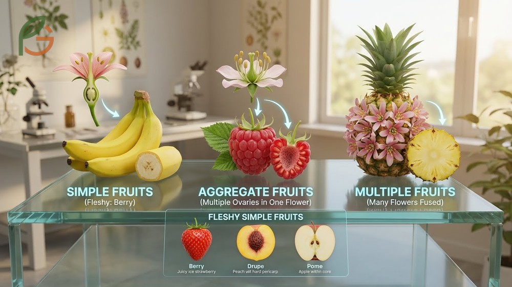 Classification of fruits botany categorizes bananas as berries while strawberries are aggregate fruits.