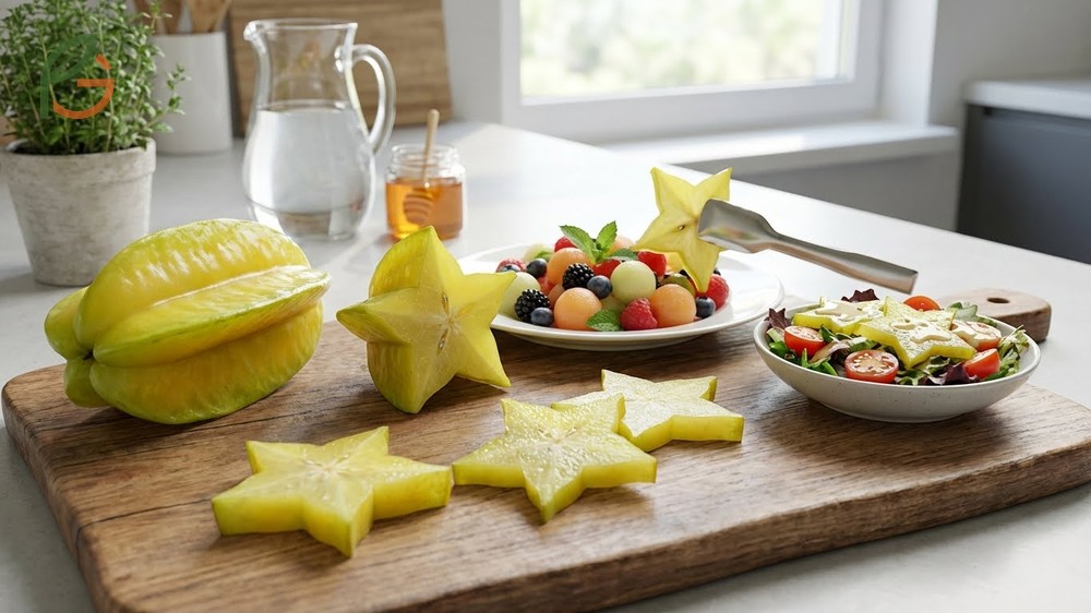 Creative serving ideas for starfruit including garnishes for cocktails, salads, and fresh desserts.
