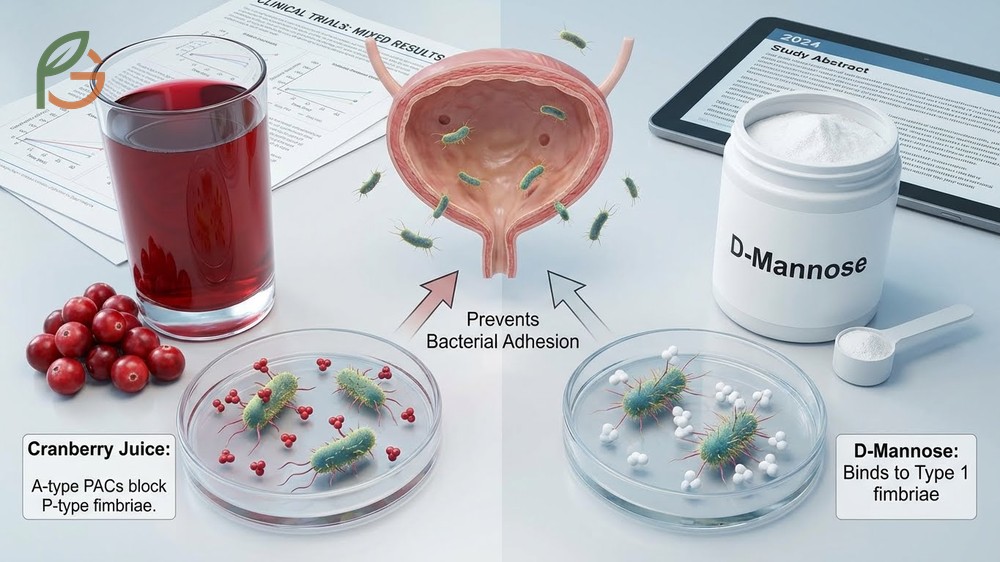 D-Mannose vs cranberry juice comparison shows cranberry offers broader protection through multi-mechanism action.