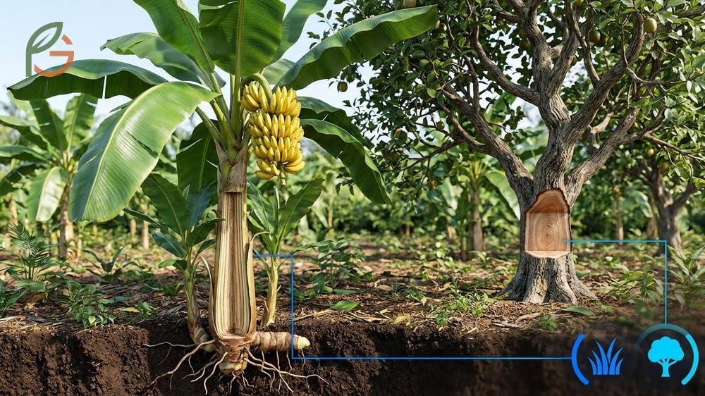 Do bananas grow on trees answered by explaining the 6 to 8 meter pseudostem structure made of leaf sheaths.