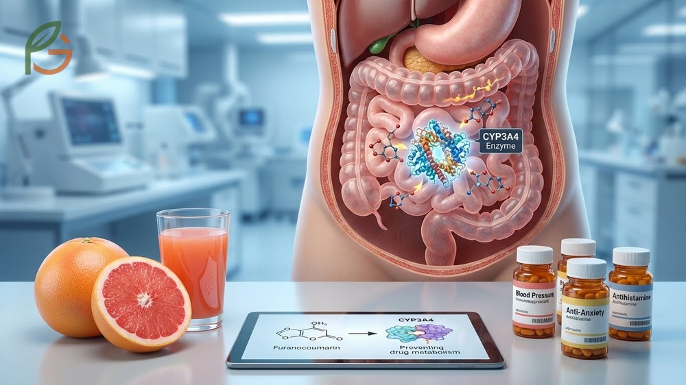 Drug interaction grapefruit effects impact over 85 medications including blood pressure drugs metabolized by the CYP3A4 enzyme.
