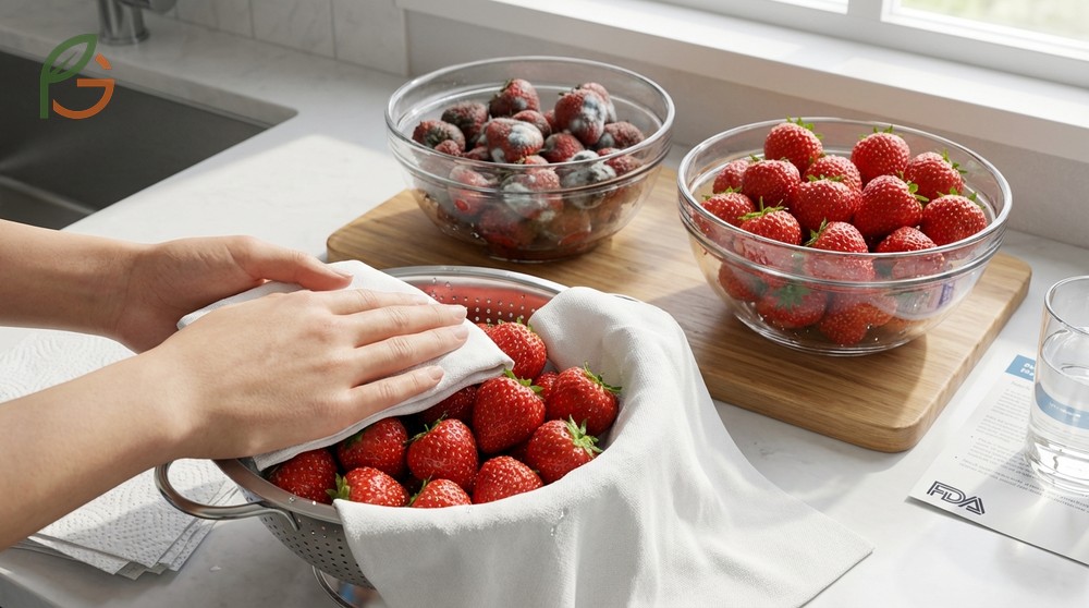 Drying strawberries after washing with paper towels reduces moisture that causes rapid spoilage.