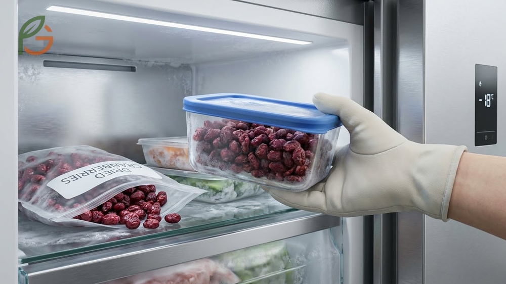 Freezing dried cranberries in airtight containers to extend shelf life to two years while preserving chewy texture.