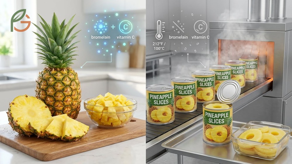 Fresh vs canned pineapple comparison shows fresh fruit retains heat sensitive bromelain enzymes unlike canned versions.
