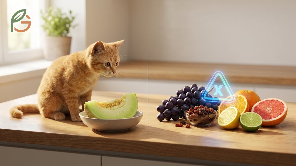 Fruits toxic to cats warning about grapes and citrus causing kidney failure and digestive issues.
