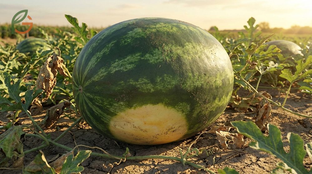 Harvesting signs watermelon include the ground spot turning buttery yellow and the skin losing its glossy shine.