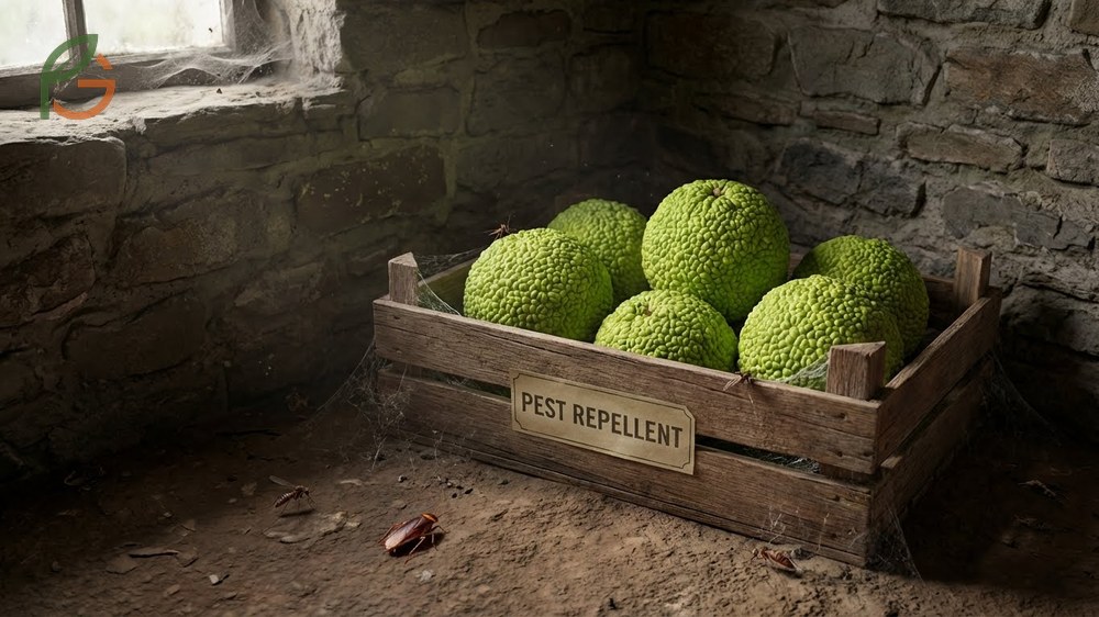 Osage orange tree fruit uses including traditional pest control in basements and seasonal fall decor arrangements.