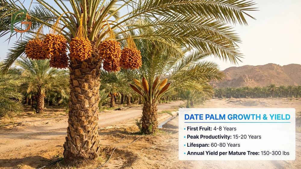 How do dates grow showing the ripening stages from green kimri to brown tamar over 5 to 7 months.