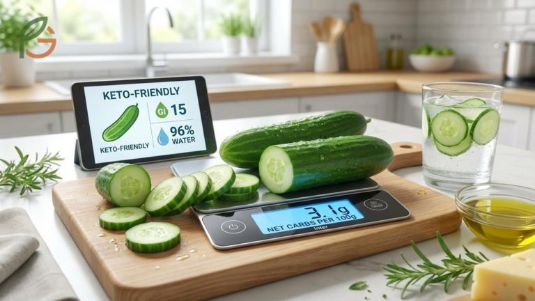 How many carbs in cucumbers keto guide highlighting 3.1g net carbs per 100g serving for low-carb diets.