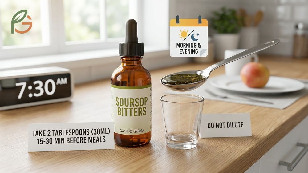 How to take soursop bitters instructions recommending 30ml twice daily before meals for best results.