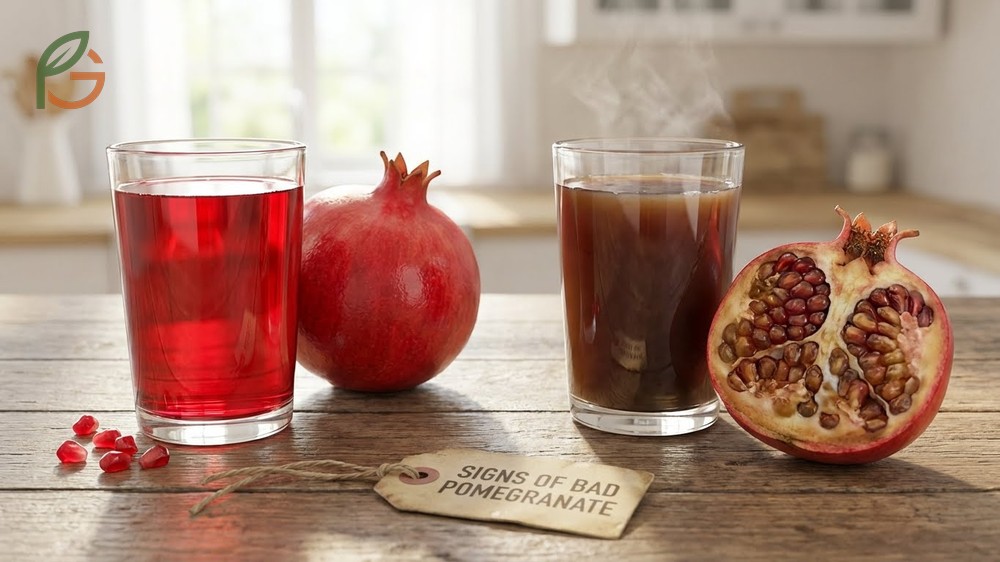 Signs of bad pomegranate juice include distinct vinegar smells and brown discoloration from oxidation.