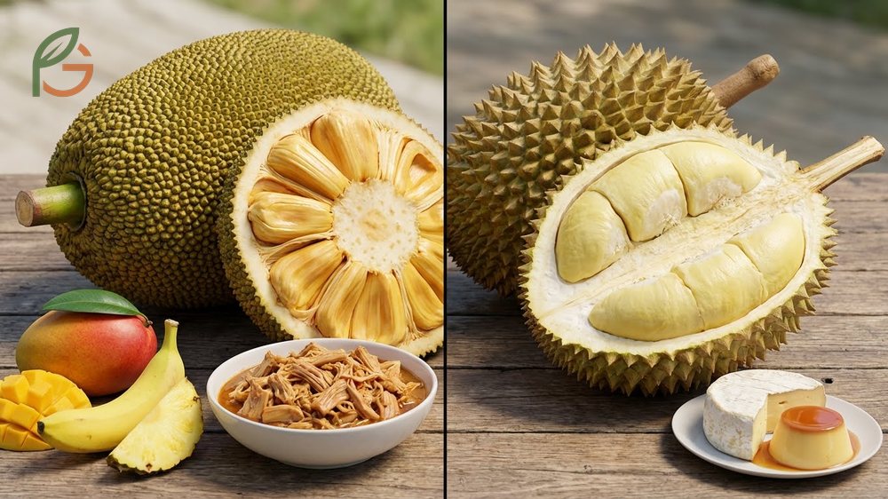 Jackfruit vs durian taste comparison contrasts fibrous sweet jackfruit with creamy savory sweet durian.