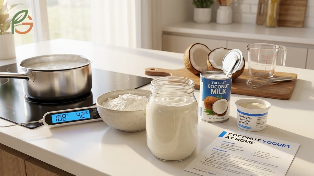 Making coconut yogurt at home by heating coconut milk to 180°F and fermenting with probiotic cultures for 12-24 hours.