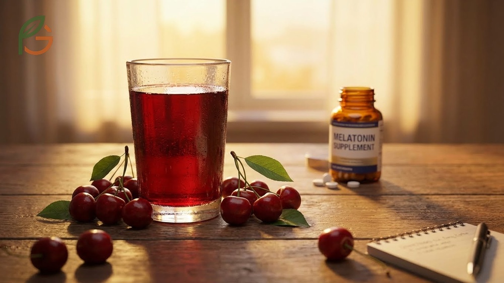 Melatonin in tart cherry juice provides natural sleep support along with tryptophan and anthocyanins.