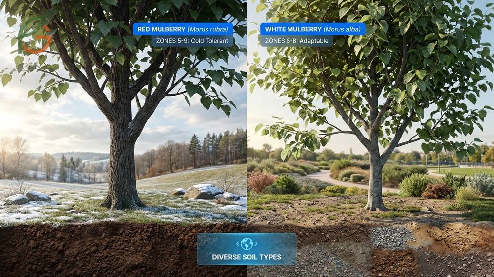 Growing conditions and hardiness identifying red mulberry preference for shaded USDA zones 5 to 9 versus white mulberry full sun adaptability.