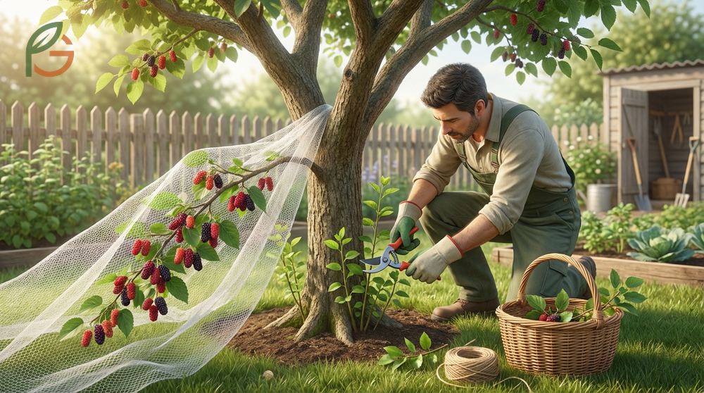 Mulberry tree trimming maintenance includes removing suckers and watering deeply during the 2-month fruit development period.