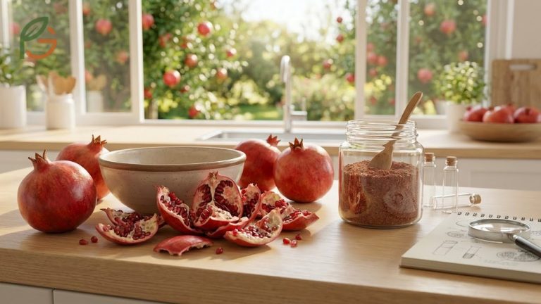 Pomegranate peel benefits infographic displaying high antioxidant phenolic compounds found in the nutrient dense rind.
