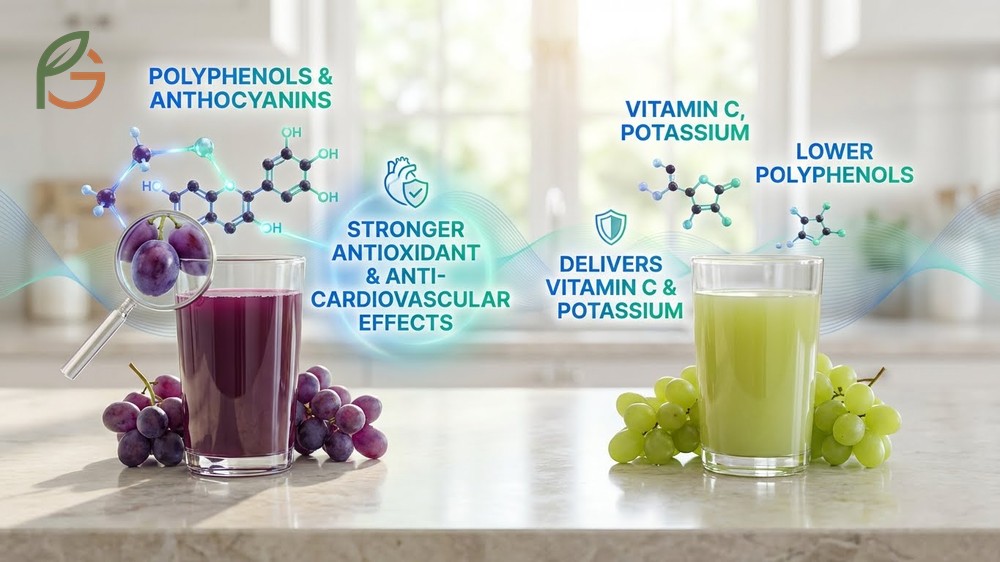 Purple vs green grape juice comparison highlighting the higher antioxidant content in purple varieties.