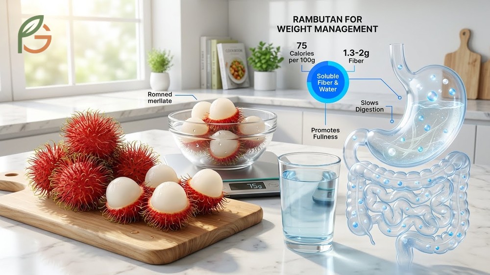Rambutan for weight loss strategy explaining how high water content and 2g of fiber create satiety with fewer calories.
