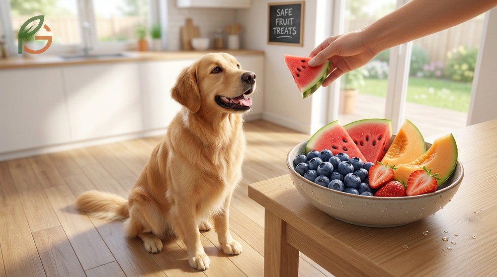 Safe fruit alternatives for dogs list featuring low-sugar options like seedless watermelon, blueberries, and apple slices.