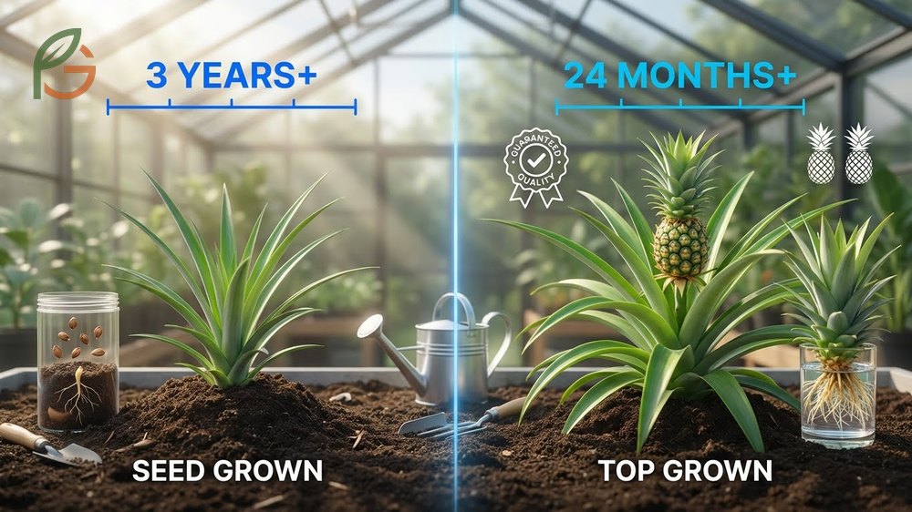 Growing pineapple from seed takes 3 years to produce fruit compared to just 24 months when propagating from crown tops.