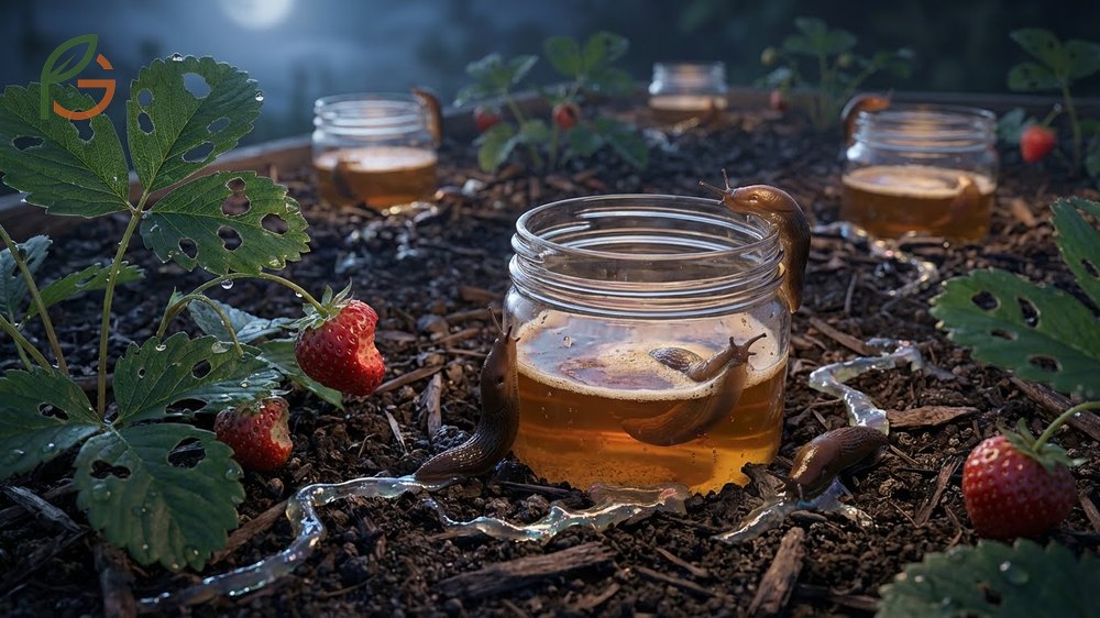Slug traps for strawberries using shallow containers of beer placed near plants to catch pests.