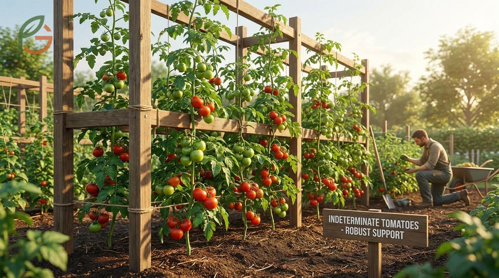 Staking indeterminate tomatoes requires tall supports like bamboo or trellises to manage vines growing over six feet.