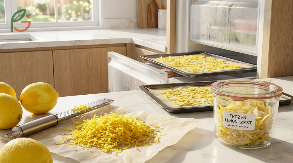 Storing lemon zest by freezing it in airtight containers keeps it aromatic for up to 6 months.