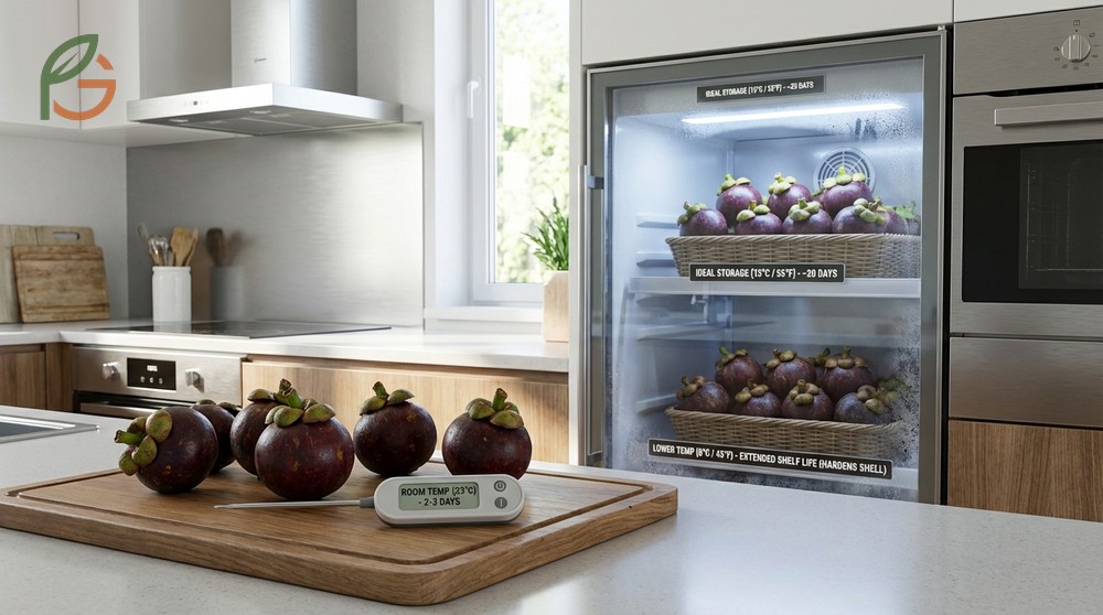 Storing mangosteen at 54 to 57 degrees Fahrenheit preserves freshness for about 20 days.