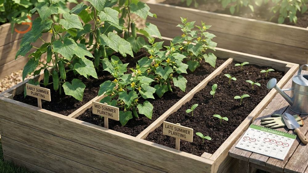 Garden bed showing cucumber plants at different growth stages demonstrating succession planting for continuous harvest.