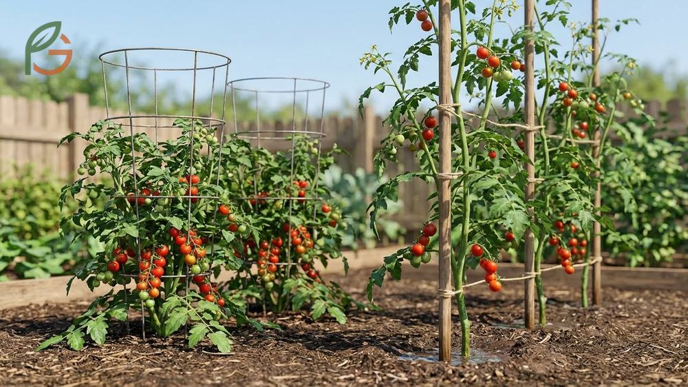 How to grow cherry tomatoes using stakes or cages to support vines and prevent fruit from touching the ground.