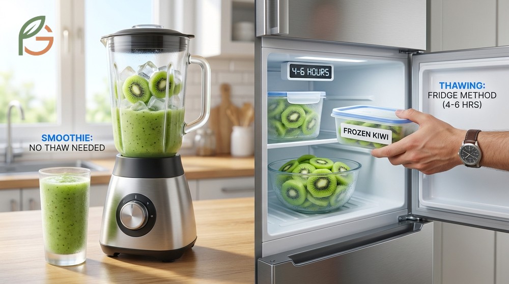 Thawing frozen kiwi instructions for smoothies or baking to ensure optimal texture and flavor retention.