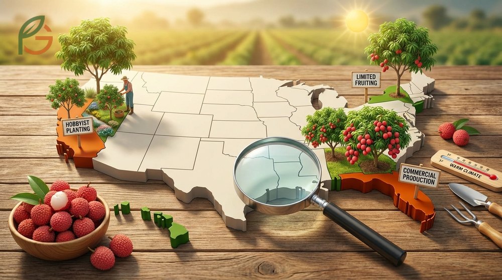 Lychee tree hardiness zone locations in the US including specific growing regions in Florida California and Hawaii.