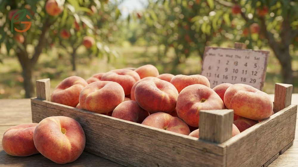 When are donut peaches in season showing harvest times from mid July through August for peak ripeness.