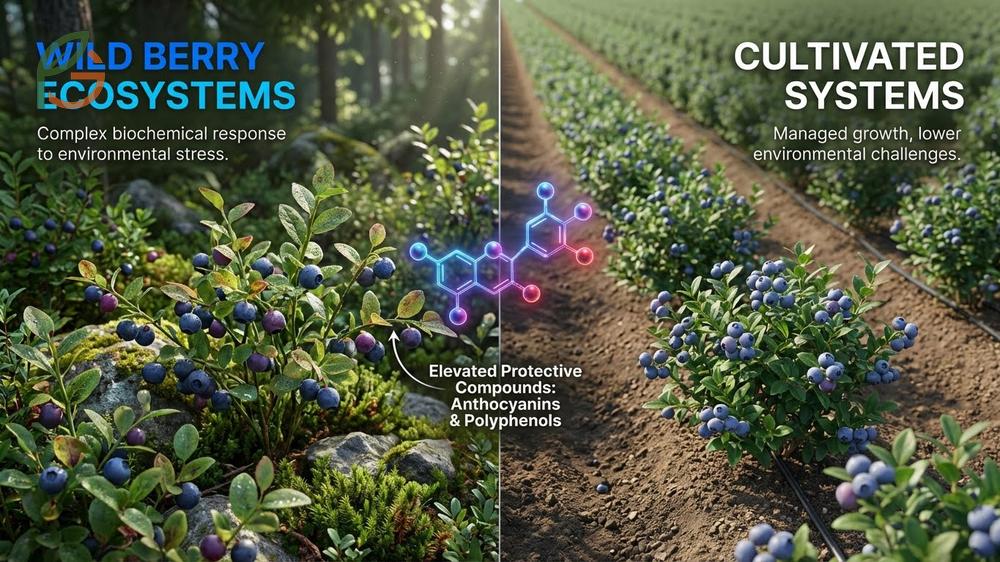 Wild vs cultivated berries show biochemical differences driven by environmental stress in forest ecosystems.