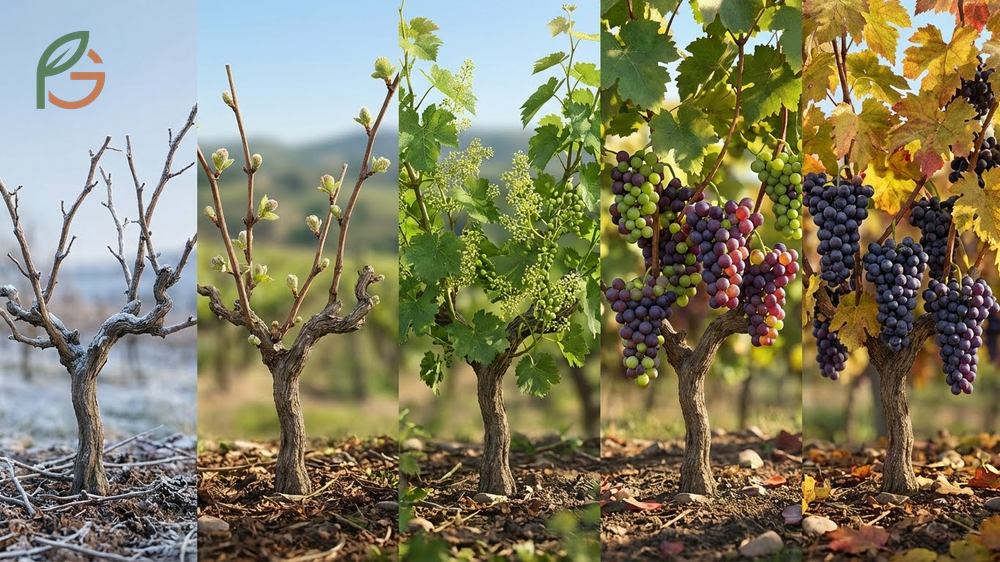 The annual grape growth cycle progresses through dormancy, bud break, flowering, and veraison before reaching harvest maturity.
